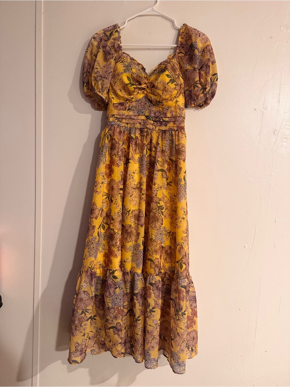 Yellow Floral Puff-Sleeve Midi Dress/ NEW - Picture 3 of 10
